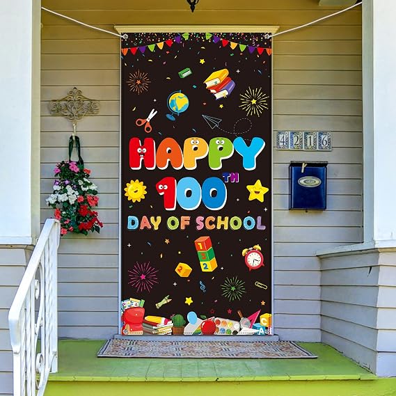 Happy 100 Days of School Door Cover Decorations,Fabric 100th Day of School Door Banner Backdrop Porch Sign for Kids Student Kindergarten Preschool Primary School 100 Days Party Supplies 71x35inch