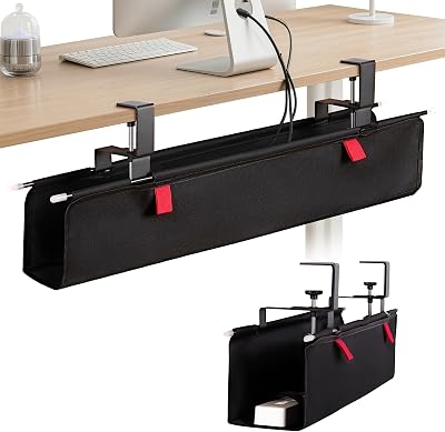 No Drill Under Desk Cable Management Tray - 28 Cord Management Under Desk - No Drill Needed - Easy Clamp - Premium Fabric Cable Management Tray for OfficeHome
