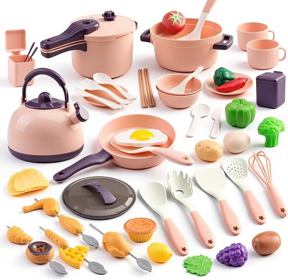 60Pcs Kids Mini Play Kitchen Accessories, Pretend Cooking Play Set with Cookware, Tableware & Fruit & BBQ Sets, Learning Gift for Boys, Girls, Toddlers,Pink