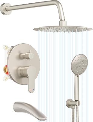 Gabrylly Bathtub Shower System, Shower Faucet Set with Tub Spout, High Pressure 10 Rain Shower head with Handheld Spray, Shower Fixtures with Pressure Balance Shower Valve, Brushed Nickel