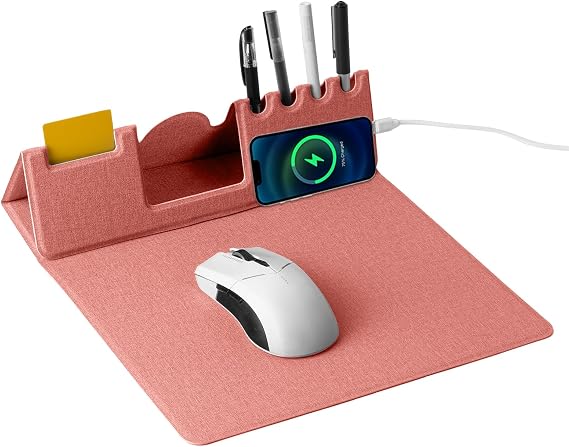 Mouse Pad with Phone Holder & Pen Holders, Wireless Charging Desk Mat, Mousepad Home Office Desk Pad with Ultra-Smooth Surface, Non-Slip Base, Waterproof Keyboard Pad, Classic Pink Desk Mat