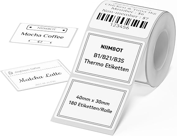 NIIMBOT Kendinden yapışkanlı termal etiketler, B1/B21/B3S etiket bandı, okul, ev, ofis, küçük işletmeler için kağıt (beyaz-dikdörtgen, 40 x 30 mm)