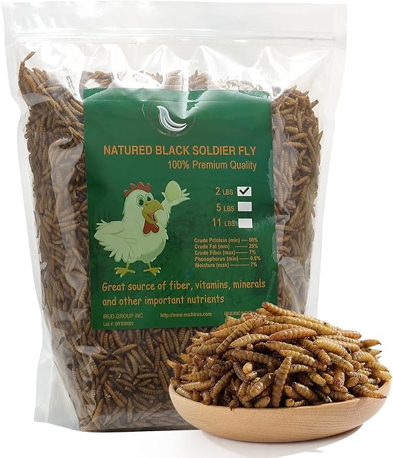 Non-GMO High-Protein Large Dried Black Soldier Fly Larva for Chickens, Natural Grubs and Poultry Treats as Chicken Feed,Duck Food, Wild Birds Seed,Reptile Food(Black Soldier fly-2LB)