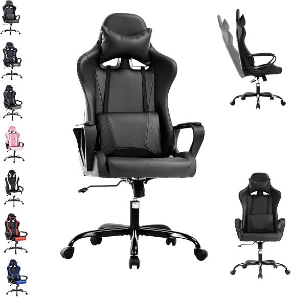 Video Game Chair Gaming Chair Computer High Back Office Desk Chair with Lumbar Support Adjustable Swivel Reclining Rolling PU Leather Game Chairs (Black)