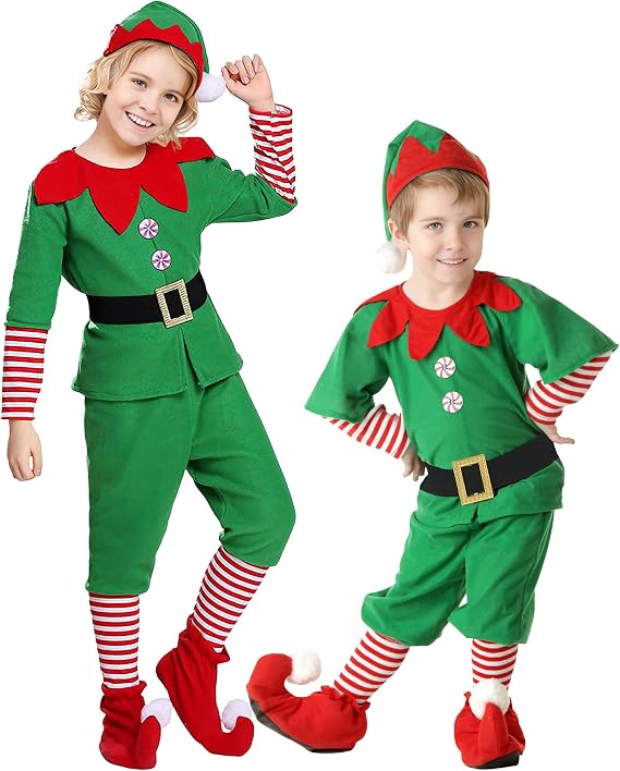 Christmas Elf Costume for Girls Boys,Christmas Velvet Dress Festive Outfit for Girls Boys