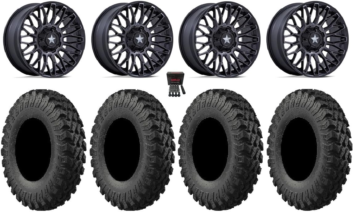 Bundle - 9 Items: MSA Clubber 15 Wheels Black DDT 35 MotoRally Tires [4x156 Bolt Pattern 12mmx1.5 Lug Kit]