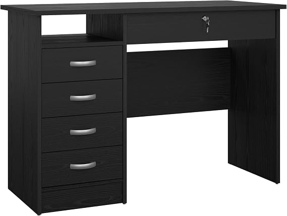 Tvilum Desk with 5 Drawers, Black, Wood Grain