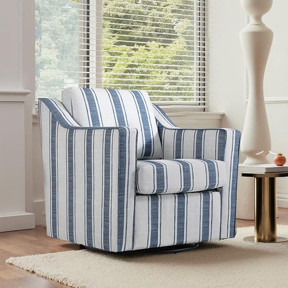 Striped Swivel Accent Chair, Fabric Armchair with Lumbar Pillow, Navy | Comfortable Upholstered | Modern Reading Seat | Solid Wood Frame | High-Resilience Foam Padding | For Living Room, Bedroom