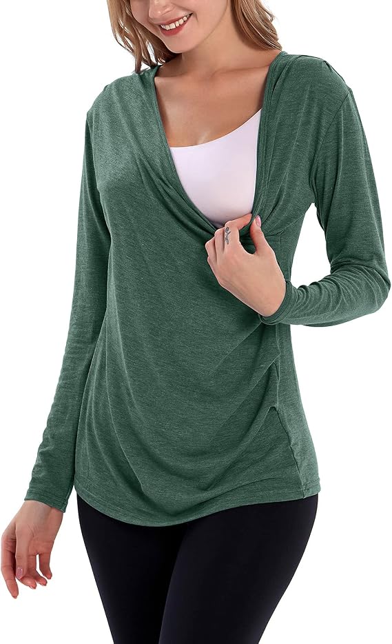 Nursing Tops Long Sleeve Breastfeeding Shirts V Neck Cross Wrap Postpartum Blouses