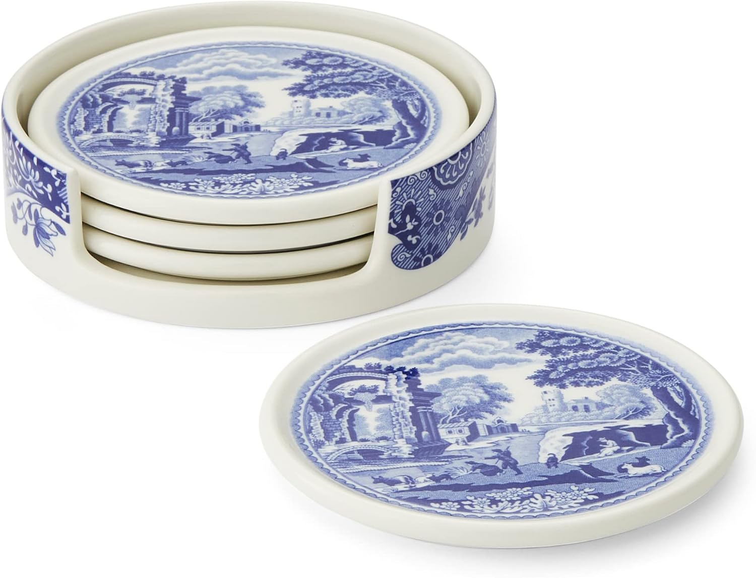 Spode Blue Italian Ceramic Coasters with Holder - Set of 4 Drink Coasters for Table Protection, Porcelain Drinkware Essentials Featuring Scenic Italian Countryside Design, 3.75 Inch