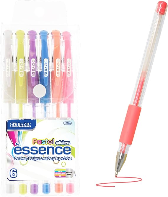 BAZIC PRODUCTS Essence Pastel Gel Pens, Grip, 0.8mm Medium, 6 Colors | Smooth quick-dry ink, cushion grip, 0.8 mm medium, notes, journaling, coloring, Pocket clip