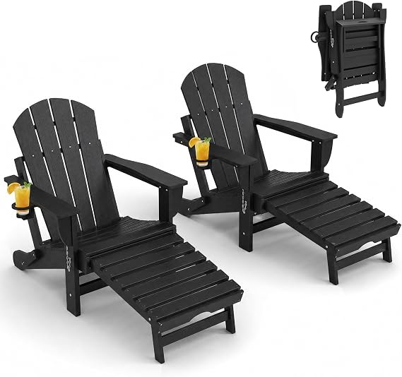 Outsunny Folding Adirondack Chair Set of 2 with Retractable Ottoman Black