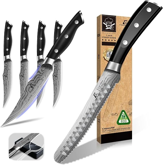 CoquusAid 5 inch Kitchen Utility Knife+Steak Knives Set of 4