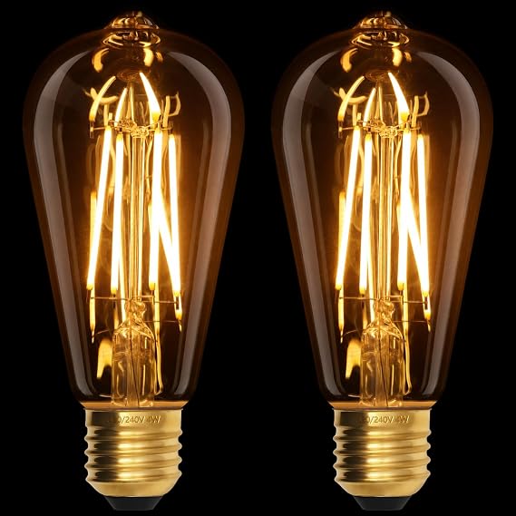 Terafeels 2 Pack E27 Vintage LED Light Bulbs, ST64, 4W, 220-240V, 2700K Warm White Glow, Amber Glass, Edison Screw in Light Bulb [Energy Class E]