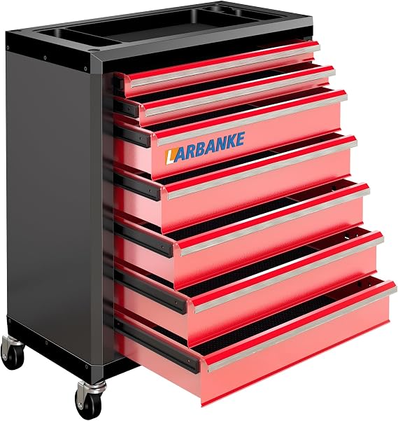 LARBANKE 7-Drawer Rolling Tool Chest with Lock&Drawer Lining,Tool Chest with Universal Lockable Wheels,with Multifunctional Countertop,Special Connect Rods for Connection with 5-Drawer Tool Cabinet