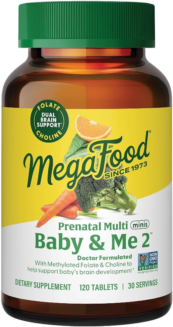 MegaFood Baby & Me 2 Prenatal Vitamins, Doctor Formulated, 120 Mini Tablets | Prenatal Vitamins for Women with Methylfolate, Choline, Iron, Iodine, Vitamin C & D3, Non-GMO, Vegetarian, 60 Servings