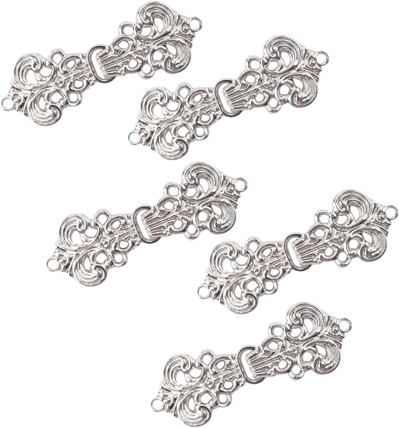 WANDIC Cardigan Clips, 5 Pairs Vintage Flower pattern Cape Fasteners Sew On Hooks And Eyes Cardigan Clip Cloak Clasp Fasteners For Sweater Shawl, White Nickel