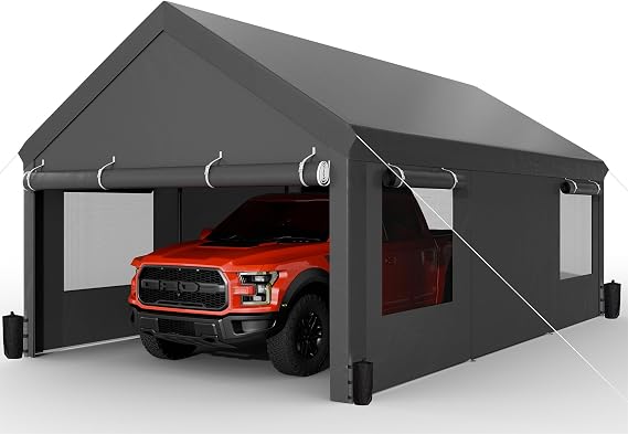 Carport, 12x20 ft Heavy Duty Carport with Roll-up Windows, Portable Garage with Removable Sidewalls & Doors, Car Canopy with Sandbags and All-Season Tarp for Car Boat Truck Motorcycle, Grey