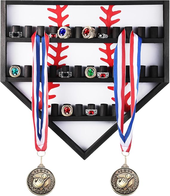 Menkxi Baseball Ring Holder Display Case Wood Softball Ring Holder with 30 Brackets for Championship Medal Stand Wall Mount Baseball Medal Organizer for Trophy Souvenir Collectables Gifts(White)