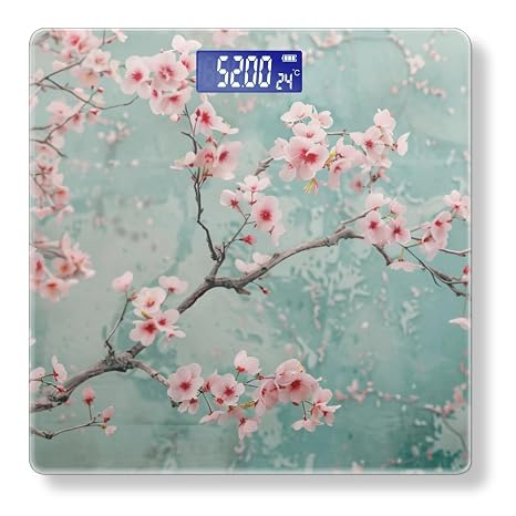 Digital Scale for Body Weight Highly Precision Bathroom Weight Scale 400 lbs with Backlit Display Personalized Scale for Home-Delicate Pink Cherry Blossoms Adorn Aqua-Colored Wall