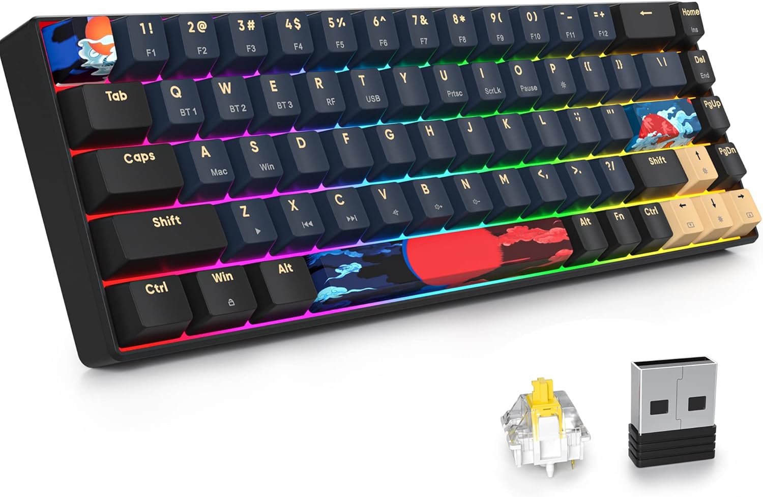 SOLIDEE 65% Wireless RGB Mechanical Keyboard, Bluetooth 5.0/2.4GHz/Wired, Compact 68 Key RGB Backlit, Hot Swappable with Linear Gateron Yellow Switch