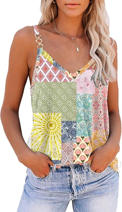 SAUKOLE Summer Tank Tops for Women V Neck Womens Fashion Sleeveless Top Loose Fit Casual Stripe Shirts Blouse