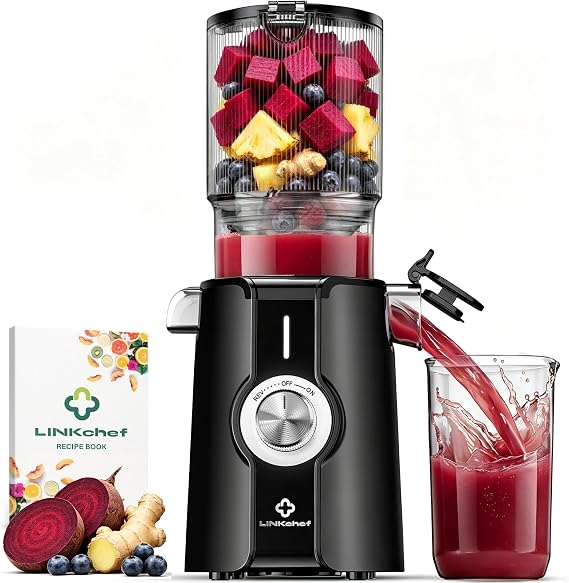 LINKChef Cold Press Juicer, 200W Masticating Slow Juicer 4.53" Large Feed Chute Fit Whole Fruits Vegetables with Juice Recipes, High Juice Yield, Easy to Clean, BPA-Free