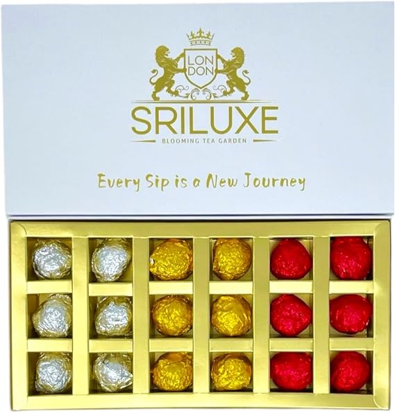 SRILUXE - 18 Assorted Luxury Premium Blooming Tea | Wonderfully Wrapped in Silver, Gold and Red | perfect for gifting or self-indulgence (18 Assorted Blooming Tea)