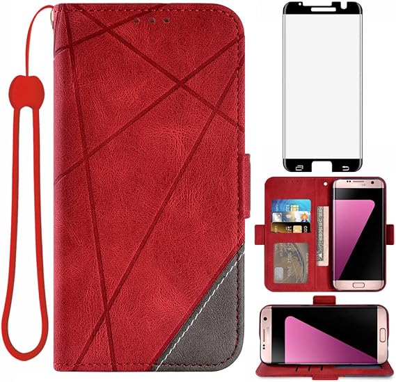 Compatible with Samsung Galaxy S7 Edge Wallet Case and Tempered Glass Screen Protector Flip Cover Card Holder Stand Cell Phone Cases for Glaxay S7edge Gaxaly S 7 Plus Galaxies GS7 7s 7edge Women Red