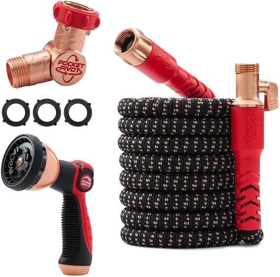 Pocket Hose 50 FT Copper Head Expandable Garden Hose, As Seen on TV | Anti-burst sleeve reinforced with bulletproof fiber, 360 swiveling pocket pivot connector, lightweight compact design