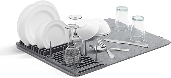 Umbra Udry Dish Rack with Movable Pegs and Microfiber Drying Mat Space-Saving Design Folds Up for Easy Storage, Basic Rack, Dark Grey