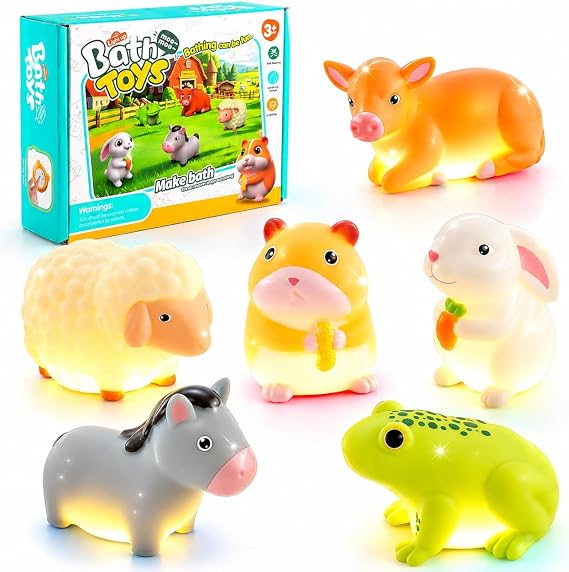 6 Pack Light Up Bath Toys for Babies Toddler Sensory Toys | Farm Animals LED Baby Bath Toys Floating Colour Changing No Mould Waterproof Bath Lights