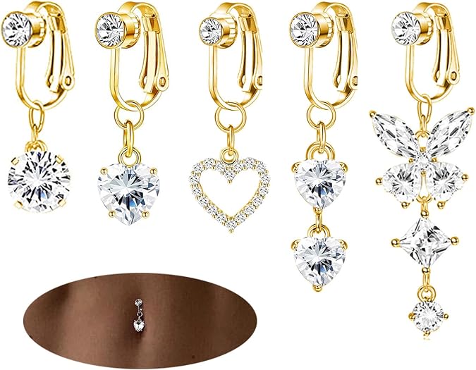 5Pcs Gold Fake Belly Piercing Fake Belly Ring for Women Fake Belly Button Piercing Clip On Belly Button Rings Fake Navel Ring Non Piercing