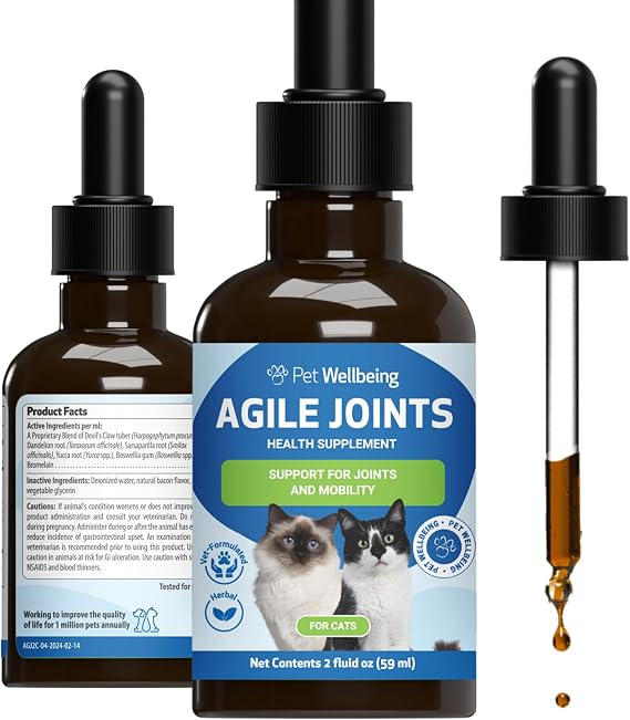 Pet Wellbeing Agile Joints for Cats - Hip and Joint Comfort, 2 oz | NASC Certified & Vet-Formulated Liquid Joint Supplement with Devil's Claw & Boswellia for Tendons, Ligaments & Mobility