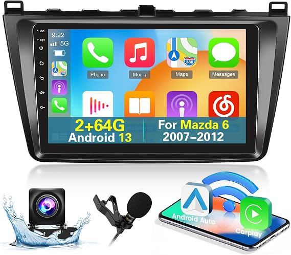 Car Radio for Mazda 6 2007-2012 with Wireless Carplay and Android Auto | [2+64G] NHOPEEW Android Car Stereo 9Inch Touchscreen, GPS, WiFi, Multiple UI Themes, SWC, BT, Mirror Link + AHD Backup Camera
