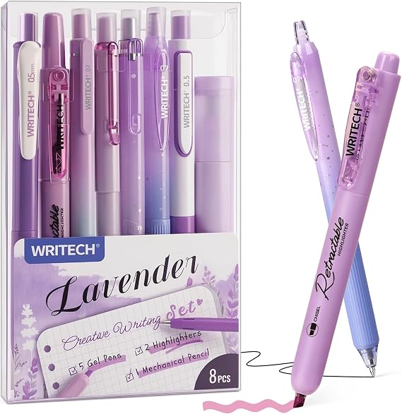 WRITECH Gel Pens Journaling Highlighters: Purple Pastel All-in-One Set 8ct | 0.5mm & 0.7mm Fine Point Retractable Black Pen + Mechanical Pencil for Smooth Writing Drawing Teachers Nurses Office Gift