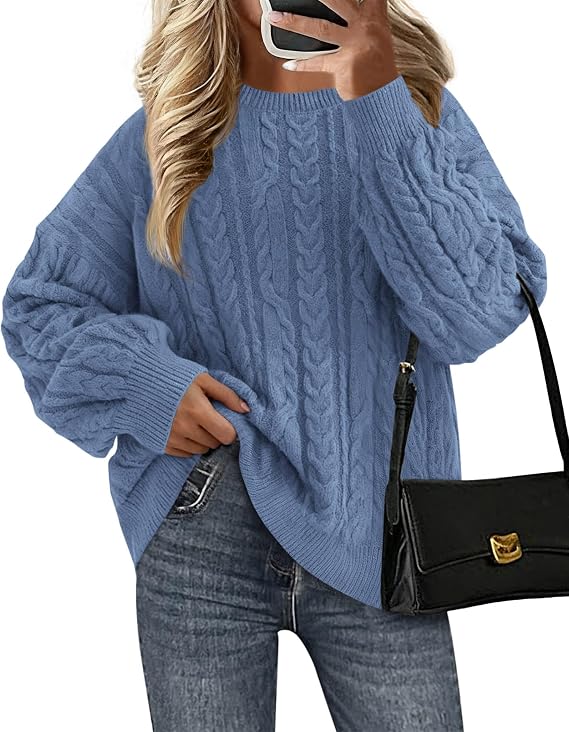 KIRUNDO Oversized Chunky Cable Knit Sweater Women | Long Sleeve Knitted Pullover Sweater, Warm Cozy, Crewneck, Loose Fit, 2026 Fall Fashion, Winter Clothing