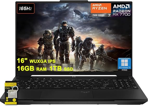 ASUS TUF Gaming A16 Laptop 16" WUXGA 165Hz 100% sRGB AMD 8-core Ryzen 7 7735HS 16GB DDR5 1TB SSD Radeon RX 7700S (>RTX4060) Backlit USB4 AI Noise Cancelation Win11Pro w/ICP Accessory