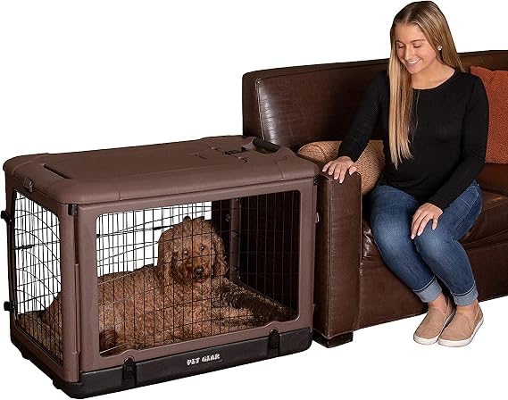 Pet Gear The Other Door 4 Door Steel Crate for Dogs/Cats with Garage-Style Door, Includes Plush Bed + Travel Bag, No Tools Required, New Chocolate, 36 Inch
