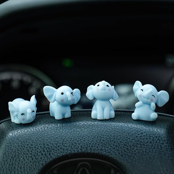 Rislobx Mini Resin Elephants Car Dashboard Decorations, 4PCS Cute Elephant Rear View Mirror Screen Ornament Interior Accessories (Blue)