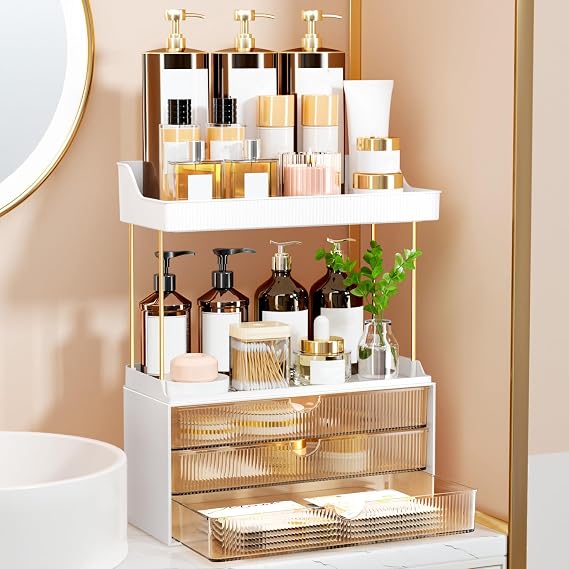 Makeup Organiser with 3 Drawers, 2 Tiers, Large Amber Storage | Exquisite Makeup Organisers, Versatile Large-Capacity Cosmetic & Skincare Storage – Dressing Table, Bathroom