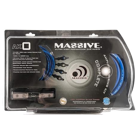 Massive Audio AK0 0 | AWG Amplifier Installation Wiring Kit - Premium 0 Gauge Power & Ground Cables with Fuse Holder for Car Audio Systems