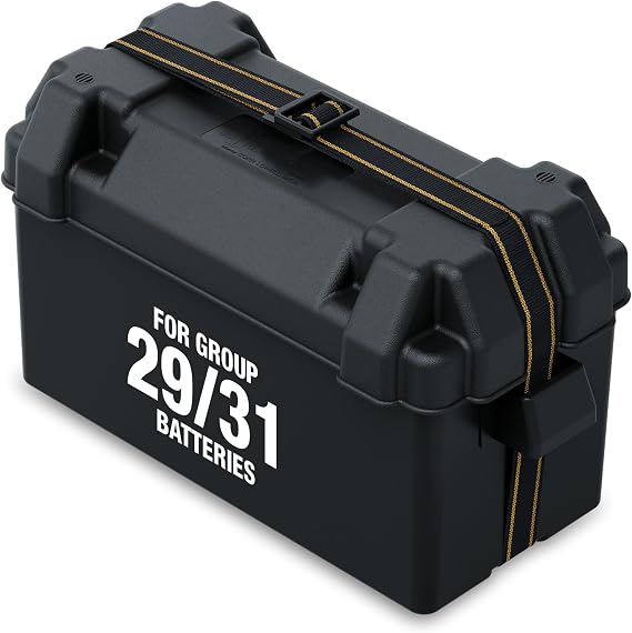 Attwood 9084-1 Large Vented Battery Box with Mounting Strap, Fits Group 29 and 31 Series Batteries, Black