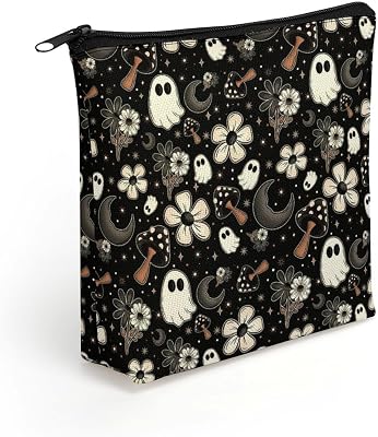 Halloween Ghost Flower Mushroom Moon Makeup Bag for Women Cosmetic Bag Travel Toiletry Pouch Bathroom Storage Bags Funny Gift