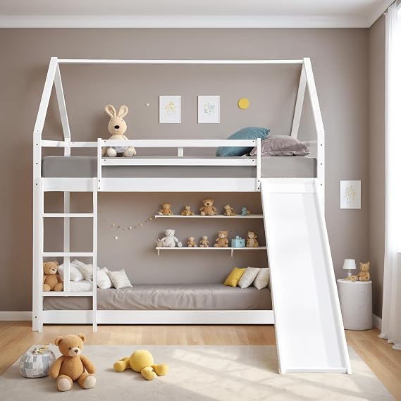 Full Over Full House Bunk Bed with Slide & Ladder, Wood Full Size Kids Bunk Bed with Roof and Safety Guardrails, Playhouse Floor Bunk Beds for Kids, Teens, Adults, No Box Spring Required