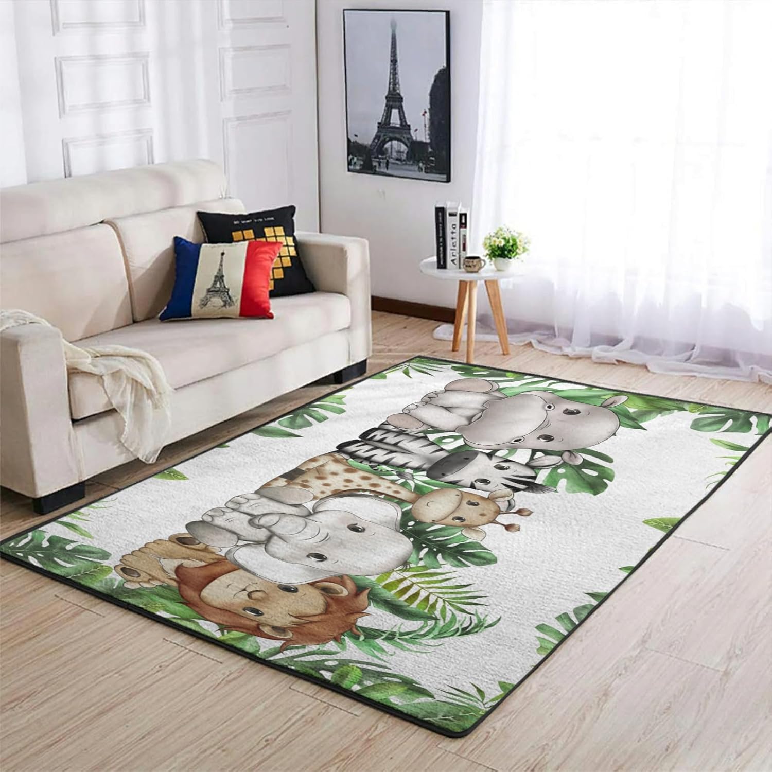 Jungle Safari Animals Tropical Leaves Area Rugs Lion Elephant Giraffe Hippo Zebra Green Leaves Floor Mats Baby Animals Throw Carpets for Toddler Nursery Bedroom Living Room Bathroom Playmat 48x72in