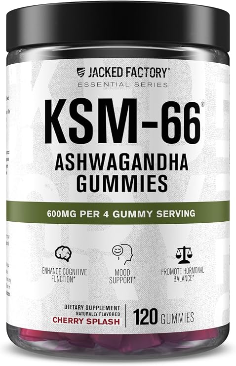 Jacked Factory Ashwagandha Gummies - KSM 66 Ashwagandha Gummies (600mg Per Serving) - Enhance Cognitive Function, Boost Mood, and Promote Hormonal Balance - 120 Gummies, Cherry Splash