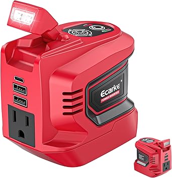 Ecarke 220W Portable Power Inverter Compatible with Milwaukee 18V Battery Tool Only, DC 18V to AC 110V Power Station with 1 AC Outlet, 2 USB-A, 1 Type-C & LED Light for Camping Outdoor Emergency