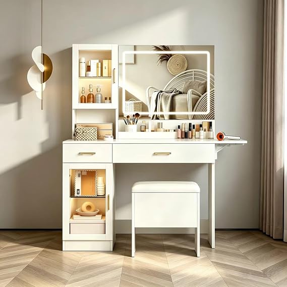 Makeup Vanity with LED Lighted Mirror & Built-in Power Socket, Dressing Table with Single Cabinet & 2 Storage Drawers, Bedroom Vanity Desk Station with Matching Stool (052 White)