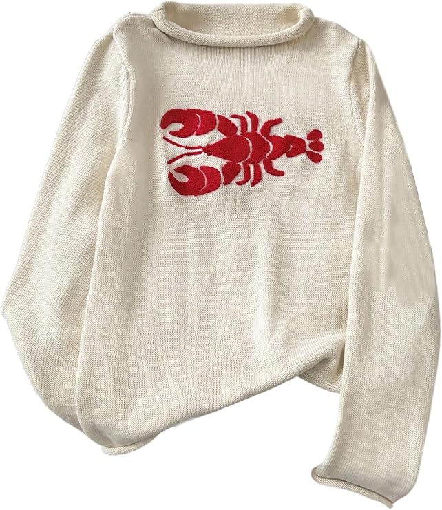 Verdusa Women's Cozy Lobster Sweater Fall Cute Roll Neck Pullover Knit Tops | Fall Sweaters, Sweaters for Women Trendy, Pullover Sweaters, Knitted, Fall Outfits, Beach